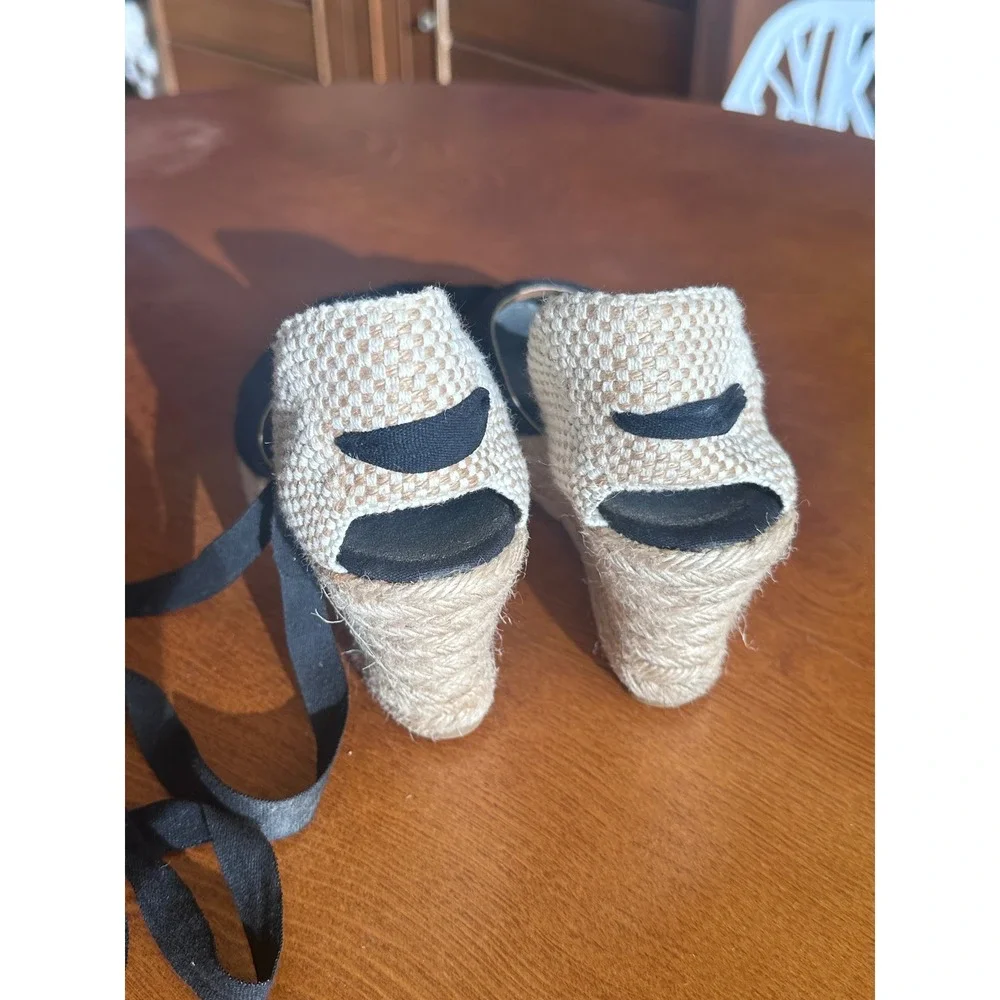 Black Canvas Espadrille Wedges Made in Spain Ankle Tie Sandals Size 38